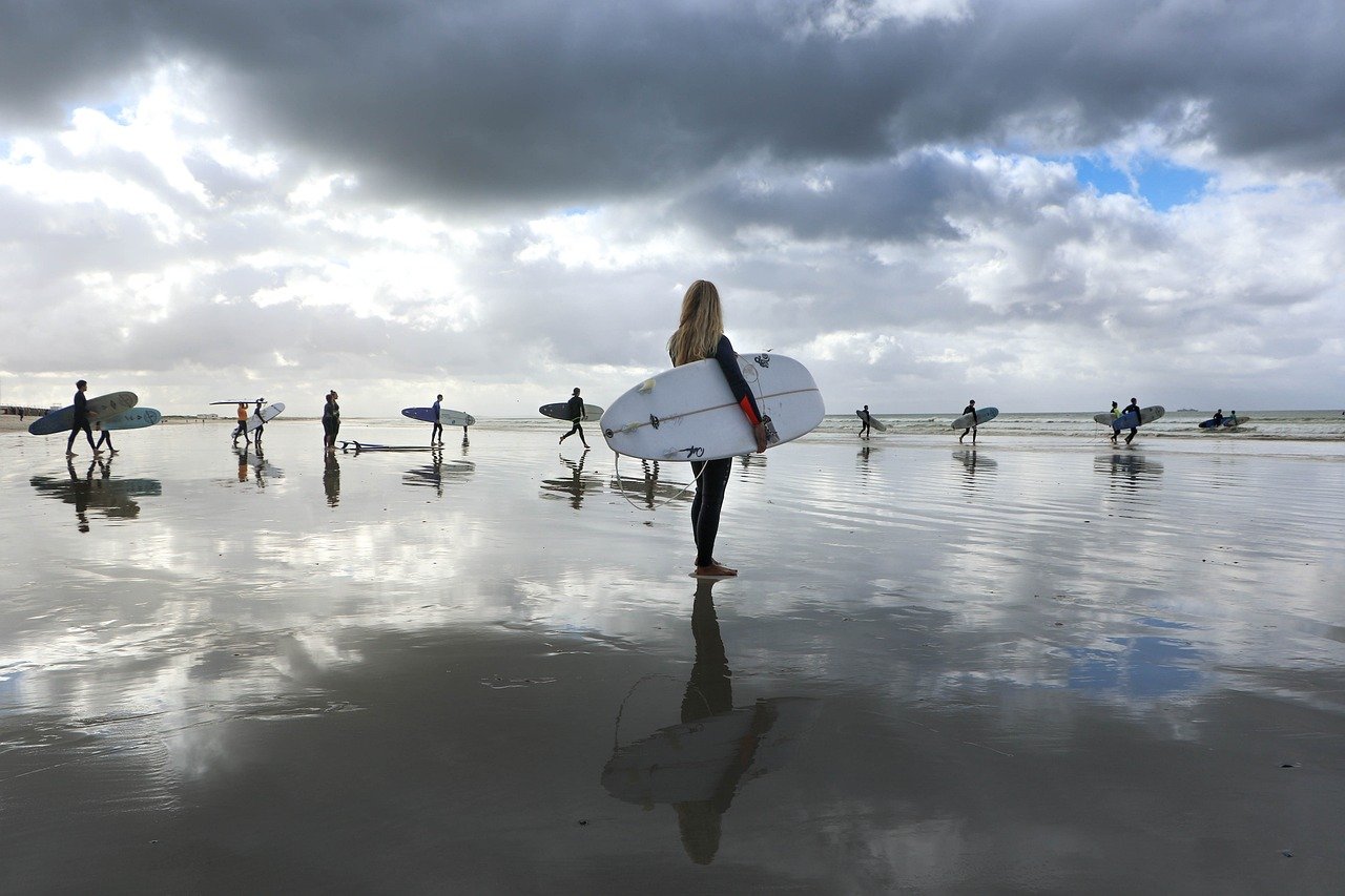 surfers, beach, afternoon